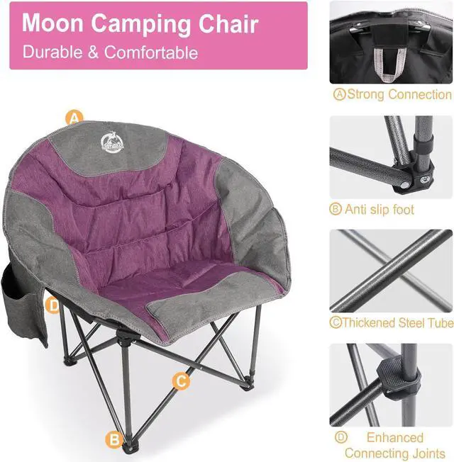 Alt view image 5 of 6 - Northroad Folding Camping Moon Chair Outdoor Padded Saucer Round Chair with Cup Holder Cooler Bag Supports up to 300 lbs for Beach Hiking Fishing Picnic Lawn