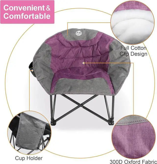 Alt view image 4 of 6 - Northroad Folding Camping Moon Chair Outdoor Padded Saucer Round Chair with Cup Holder Cooler Bag Supports up to 300 lbs for Beach Hiking Fishing Picnic Lawn