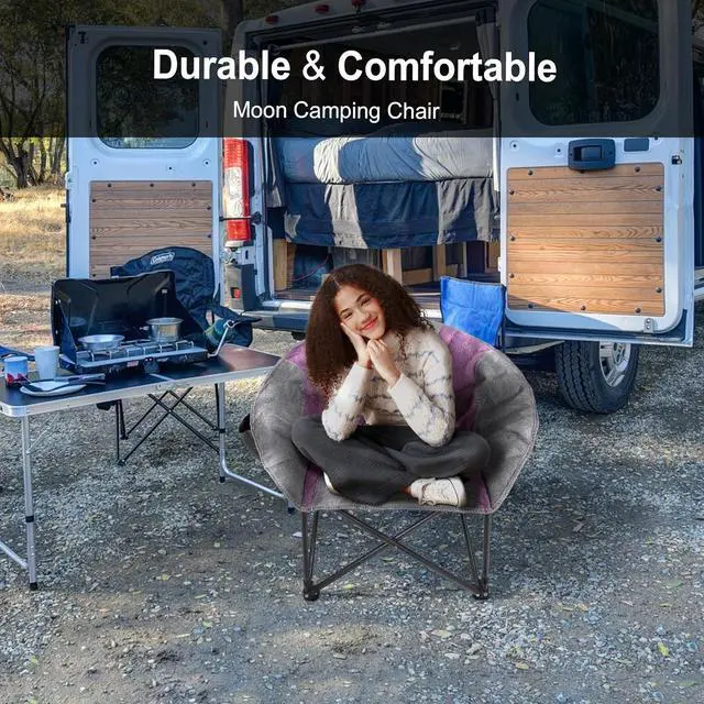 Alt view image 6 of 6 - Northroad Folding Camping Moon Chair Outdoor Padded Saucer Round Chair with Cup Holder Cooler Bag Supports up to 300 lbs for Beach Hiking Fishing Picnic Lawn