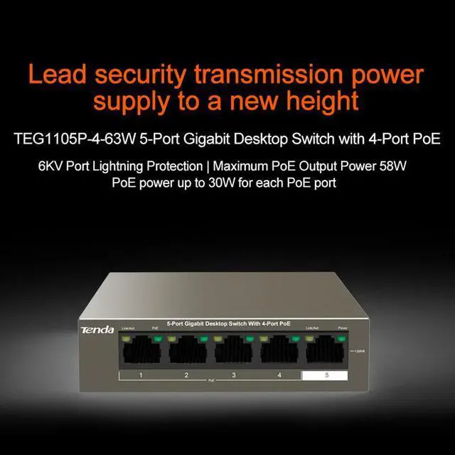 Alt view image 4 of 20 - Tenda TEG1105P-4-63W Unmanaged Switch