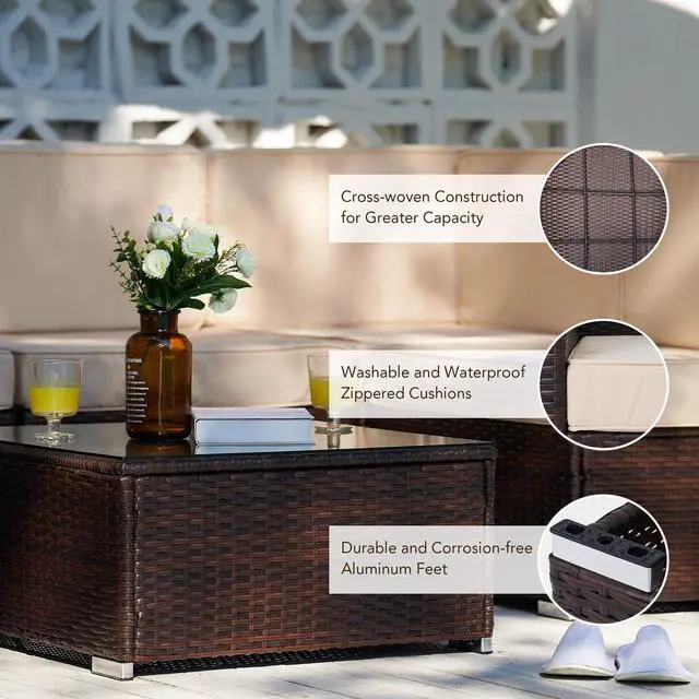 Alt view image 5 of 6 - 5pc Outdoor Set Wicker Sectional Sofa Chairs Love Seats and Table Walnut  Beige