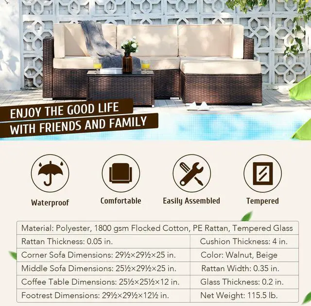 Alt view image 2 of 6 - 5pc Outdoor Set Wicker Sectional Sofa Chairs Love Seats and Table Walnut  Beige