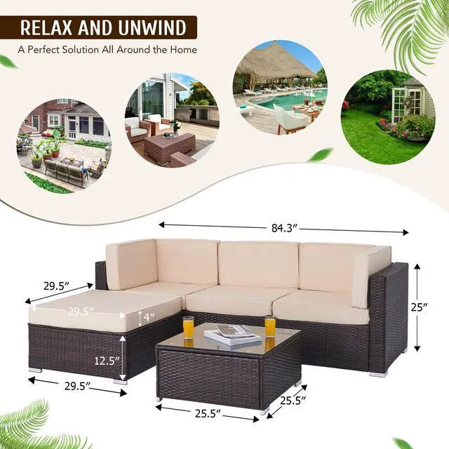 Alt view image 3 of 6 - 5pc Outdoor Set Wicker Sectional Sofa Chairs Love Seats and Table Walnut  Beige