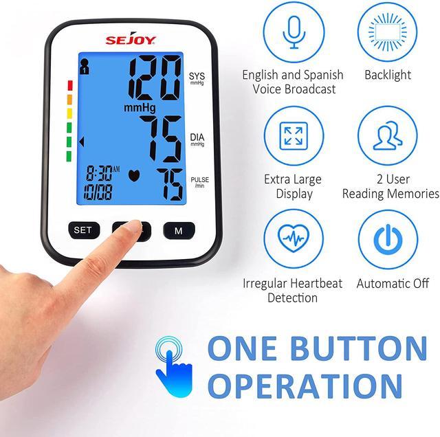 Sejoy Blood Pressure Monitor Upper Arm, Automatic Digital BP Machine for Home  Use, Large Adjustable Cuff, Backlit Display, Voice Broadcast with USB cable  
