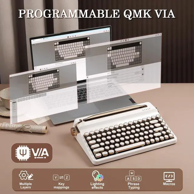 Alt view image 6 of 7 - YUNZII QL75 Wireless Mechanical Keyboard, Typewriter Style QMK/VIA Custom RGB Keyboards, Hot Swap Retro Punk Round Keycaps, Triple Mode Multi-Device Compatible (White, Onyx Tactile Switch)