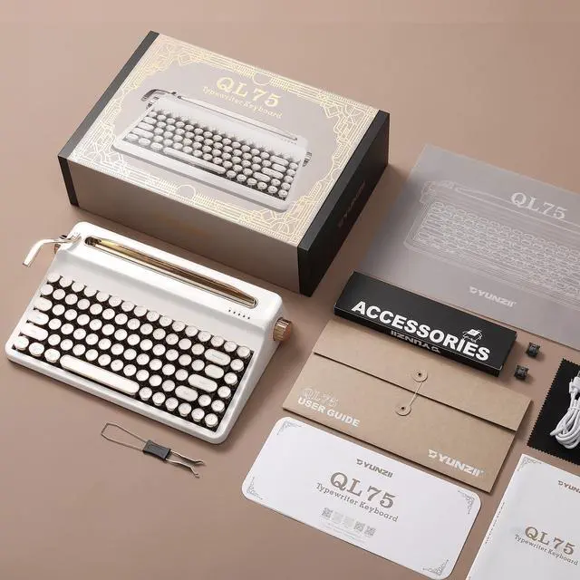 Alt view image 7 of 7 - YUNZII QL75 Wireless Mechanical Keyboard, Typewriter Style QMK/VIA Custom RGB Keyboards, Hot Swap Retro Punk Round Keycaps, Triple Mode Multi-Device Compatible (White, Onyx Tactile Switch)