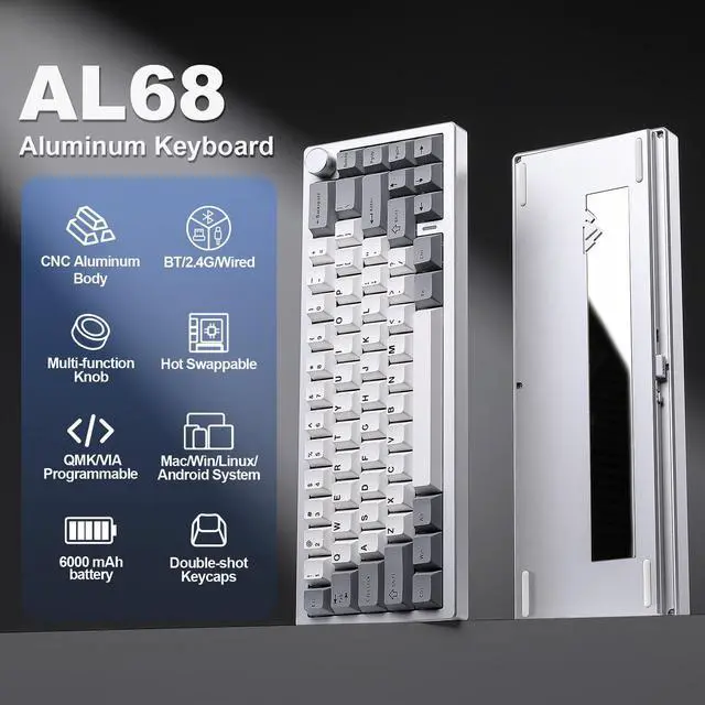 Alt view image 2 of 7 - YUNZII AL68 Wireless Mechanical Keyboard, CNC Aluminum, Compact 65% Layout with Knob, QMK/VIA Custom Gasket Gaming Keyboard, Hot Swap RGB Backlit, BT/2.4G/USB-C for Mac/Win (Silver, Milk V2 Switch)