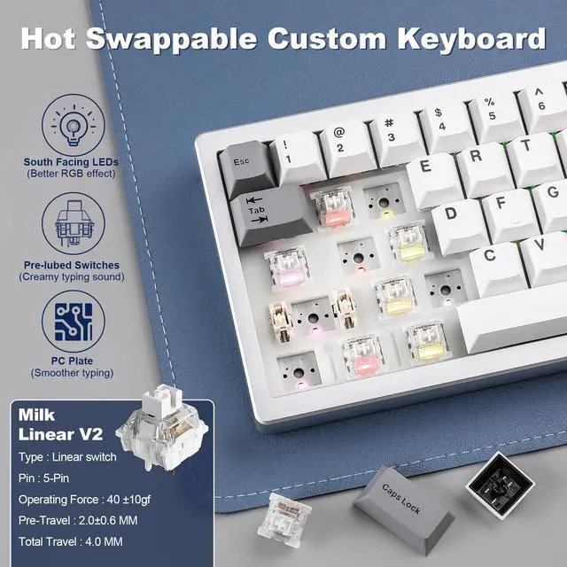 Alt view image 4 of 7 - YUNZII AL68 Wireless Mechanical Keyboard, CNC Aluminum, Compact 65% Layout with Knob, QMK/VIA Custom Gasket Gaming Keyboard, Hot Swap RGB Backlit, BT/2.4G/USB-C for Mac/Win (Silver, Milk V2 Switch)