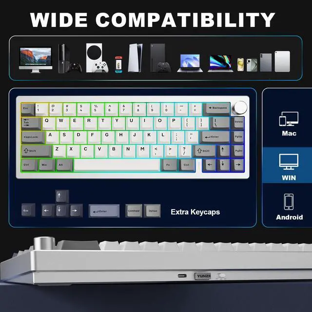 Alt view image 6 of 7 - YUNZII AL68 Wireless Mechanical Keyboard, CNC Aluminum, Compact 65% Layout with Knob, QMK/VIA Custom Gasket Gaming Keyboard, Hot Swap RGB Backlit, BT/2.4G/USB-C for Mac/Win (Silver, Milk V2 Switch)