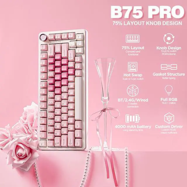 Alt view image 2 of 7 - YUNZII B75 PRO Wireless Mechanical Keyboard, Hot Swap Gasket Custom RGB 75% Knob Gaming Keyboard, Creamy Pre-lubed Switches, Triple Mode Bluetooth/Type-C/2.4G for Win/Mac (Pink, Milk V2 Switch)