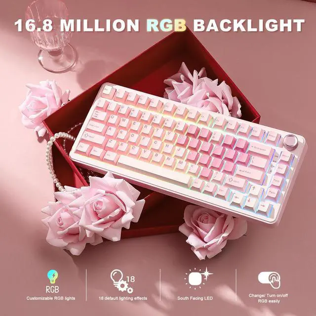 Alt view image 4 of 7 - YUNZII B75 PRO Wireless Mechanical Keyboard, Hot Swap Gasket Custom RGB 75% Knob Gaming Keyboard, Creamy Pre-lubed Switches, Triple Mode Bluetooth/Type-C/2.4G for Win/Mac (Pink, Milk V2 Switch)