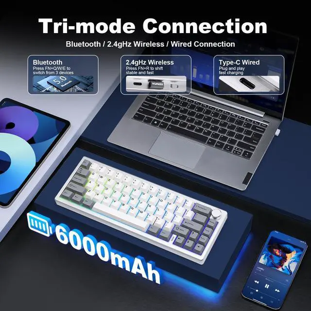Alt view image 3 of 7 - YUNZII AL68 Wireless Mechanical Keyboard, CNC Aluminum, Compact 65% Layout with Knob, QMK/VIA Custom Gasket Gaming Keyboard, Hot Swap RGB Backlit, BT/2.4G/USB-C for Mac/Win (Silver, Zero Switch)