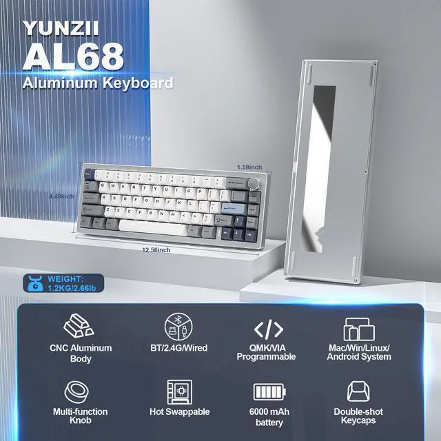 Alt view image 2 of 7 - YUNZII AL68 Wireless Mechanical Keyboard, CNC Aluminum, Compact 65% Layout with Knob, QMK/VIA Custom Gasket Gaming Keyboard, Hot Swap RGB Backlit, BT/2.4G/USB-C for Mac/Win (Silver, Zero Switch)