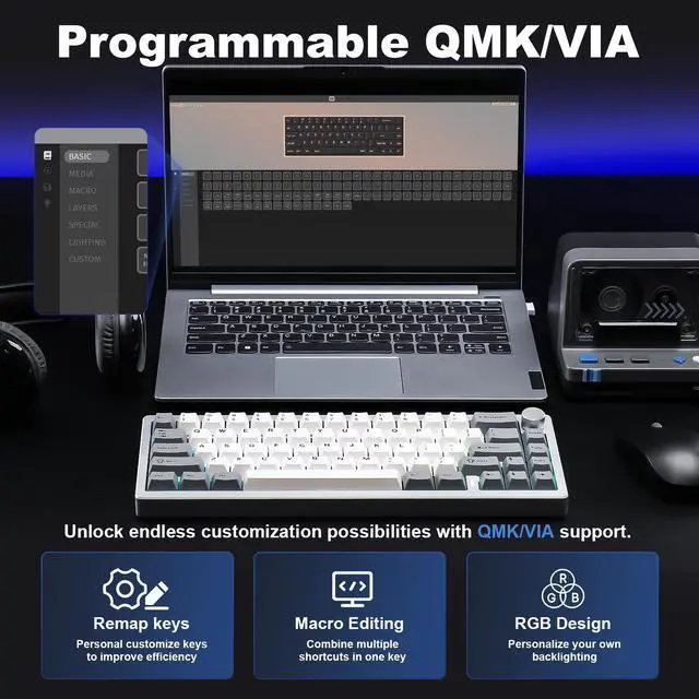 Alt view image 5 of 7 - YUNZII AL68 Wireless Mechanical Keyboard, CNC Aluminum, Compact 65% Layout with Knob, QMK/VIA Custom Gasket Gaming Keyboard, Hot Swap RGB Backlit, BT/2.4G/USB-C for Mac/Win (Silver, Zero Switch)