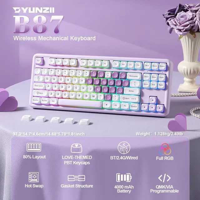 Alt view image 2 of 7 - YUNZII B87 Heart Wireless Mechanical Keyboard, QMK/VIA Programmable, TKL Layout 87 Keys RGB Gaming Keyboard, BT/2.4G/USB-C, Hot Swap Gasket Mount with Wrist Rest for Win/Mac (Purple, Milk V2 Switch)