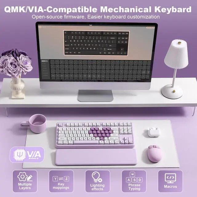 Alt view image 5 of 7 - YUNZII B87 Heart Wireless Mechanical Keyboard, QMK/VIA Programmable, TKL Layout 87 Keys RGB Gaming Keyboard, BT/2.4G/USB-C, Hot Swap Gasket Mount with Wrist Rest for Win/Mac (Purple, Milk V2 Switch)