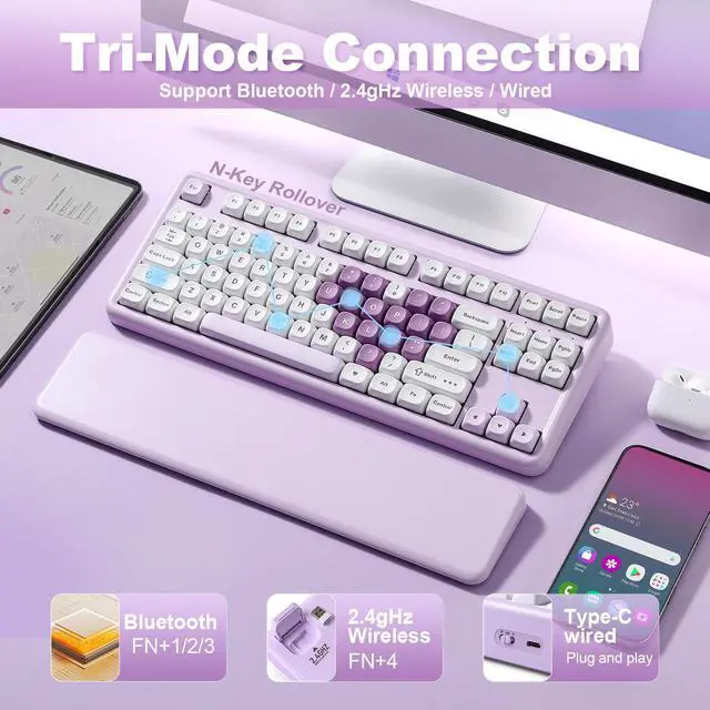 Alt view image 3 of 7 - YUNZII B87 Heart Wireless Mechanical Keyboard, QMK/VIA Programmable, TKL Layout 87 Keys RGB Gaming Keyboard, BT/2.4G/USB-C, Hot Swap Gasket Mount with Wrist Rest for Win/Mac (Purple, Milk V2 Switch)