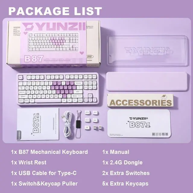 Alt view image 7 of 7 - YUNZII B87 Heart Wireless Mechanical Keyboard, QMK/VIA Programmable, TKL Layout 87 Keys RGB Gaming Keyboard, BT/2.4G/USB-C, Hot Swap Gasket Mount with Wrist Rest for Win/Mac (Purple, Milk V2 Switch)