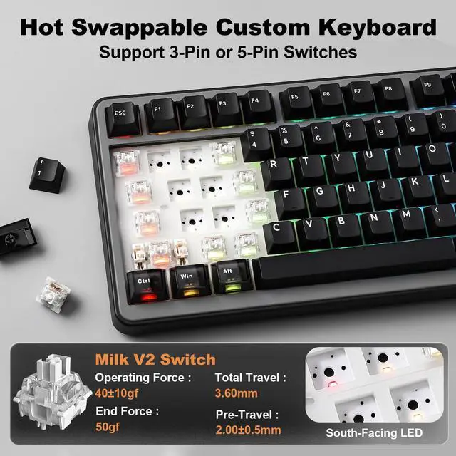 Alt view image 4 of 7 - YUNZII B75 PRO MAX Wireless Mechanical Keyboard, QMK/VIA Custom, 75% Screen & Knob, Hot Swap Gasket Gaming Keyboard, Creamy Pre-lubed Switch, Bluetooth/Type-C/2.4G for Win/Mac (Black, Milk V2 Switch)