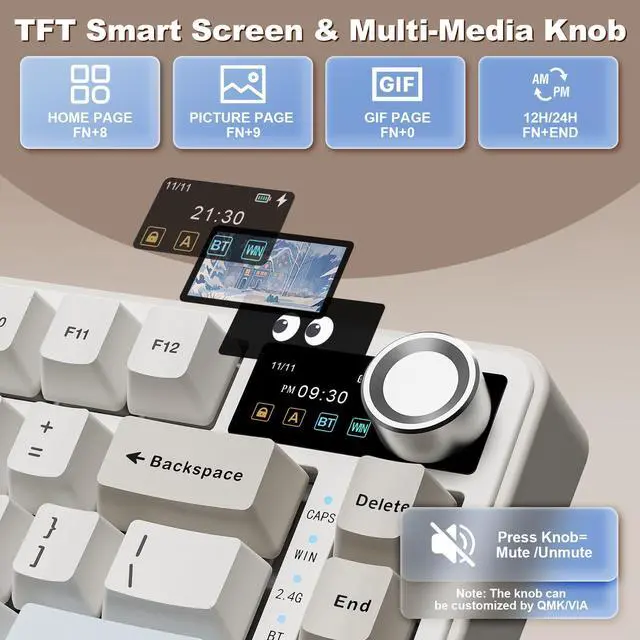 Alt view image 5 of 7 - YUNZII B75 PRO MAX Wireless Mechanical Keyboard, QMK/VIA Custom, 75% Screen & Knob, Hot Swap Gasket Gaming Keyboard, Creamy Pre-lubed Switch, Bluetooth/Type-C/2.4G for Win/Mac (Beige, Cocoa V2 Switch)