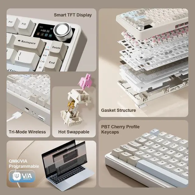 Alt view image 2 of 7 - YUNZII B75 PRO MAX Wireless Mechanical Keyboard, QMK/VIA Custom, 75% Screen & Knob, Hot Swap Gasket Gaming Keyboard, Creamy Pre-lubed Switch, Bluetooth/Type-C/2.4G for Win/Mac (Beige, Cocoa V2 Switch)