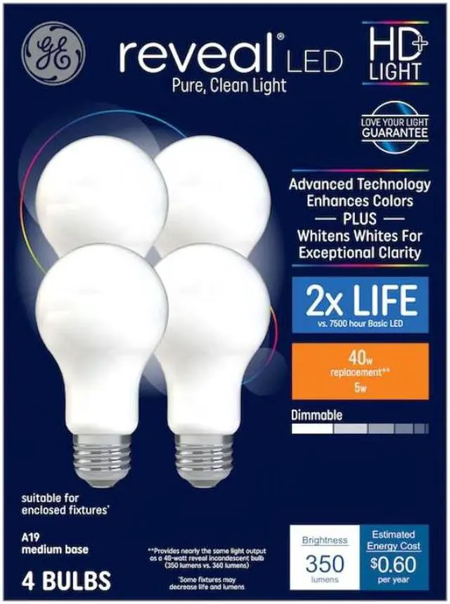 Main image of GE Reveal HD 40-Watt EQ A19 Color-enhancing Medium Base (e-26) Dimmable LED Light Bulb (4-Pack) Item #952361 |
Model #44906