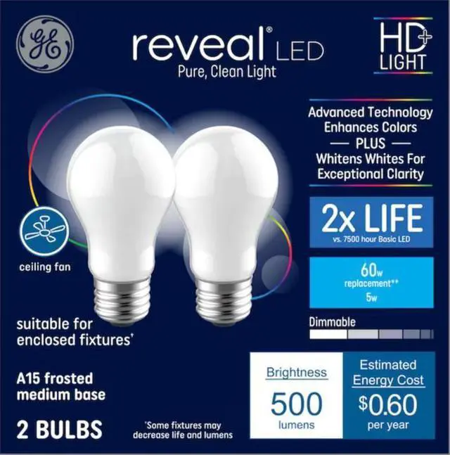 Main image of GE Reveal HD 60-Watt EQ A15 Color-enhancing Medium Base (e-26) Dimmable LED Light Bulb (2-Pack) Item #952470 |
Model #42409
