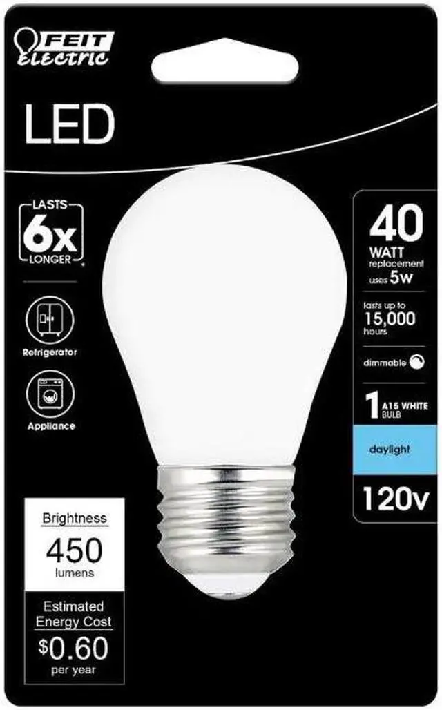 Alt view image 2 of 2 - 40-Watt Equivalent A15 Dimmable Filament CEC 90+ CRI White Glass LED Refrigerator Appliances Light Bulb, Daylight 5000K Feit Electric # BPA1540W950CAFILHDRP  # 1005252194