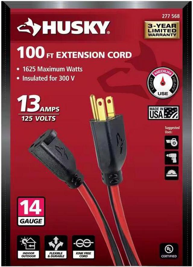 100 ft. 14/3 Medium Duty Indoor/Outdoor Extension Cord, Red/Black Husky #  63100HY # 277568 