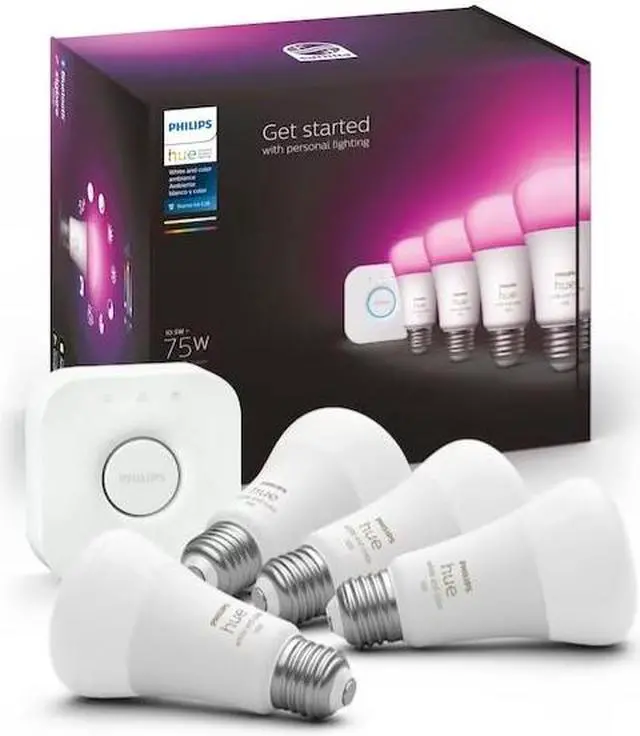 Main image of Philips Hue Starter Kit 75-Watt EQ A19 Color-changing E26 Dimmable Smart LED Light Bulb (4-Pack)
Item #4347685 Model #563296