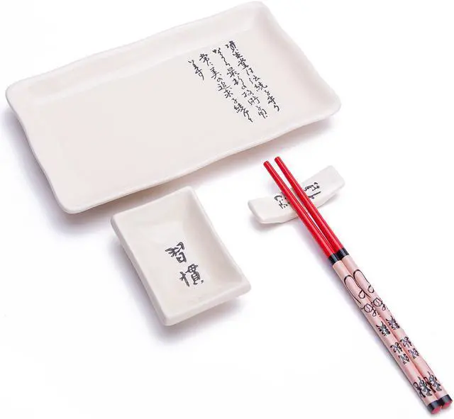 Main image of 4 Pcs Japanese Sushi Plate Dinnerware Set White With Chinese Calligraphy Design