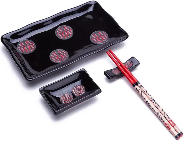 Main image of 4 Pcs Japanese Sushi Plate Dinnerware Set Black With Chinese Double Happiness Design