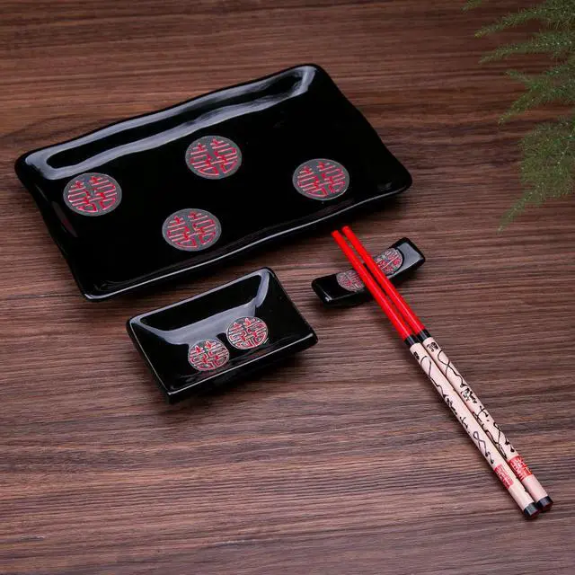 Alt view image 2 of 4 - 4 Pcs Japanese Sushi Plate Dinnerware Set Black With Chinese Double Happiness Design