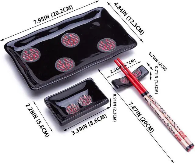Alt view image 4 of 4 - 4 Pcs Japanese Sushi Plate Dinnerware Set Black With Chinese Double Happiness Design