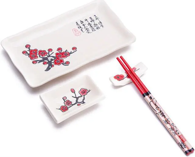 Main image of 4 Pcs Japanese Sushi Plate Dinnerware Set White With Plum Blossom Design