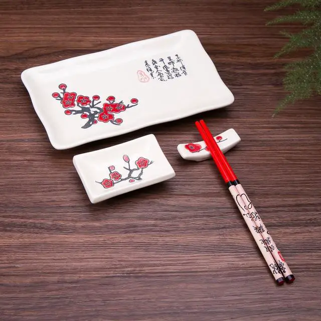 Alt view image 2 of 4 - 4 Pcs Japanese Sushi Plate Dinnerware Set White With Plum Blossom Design