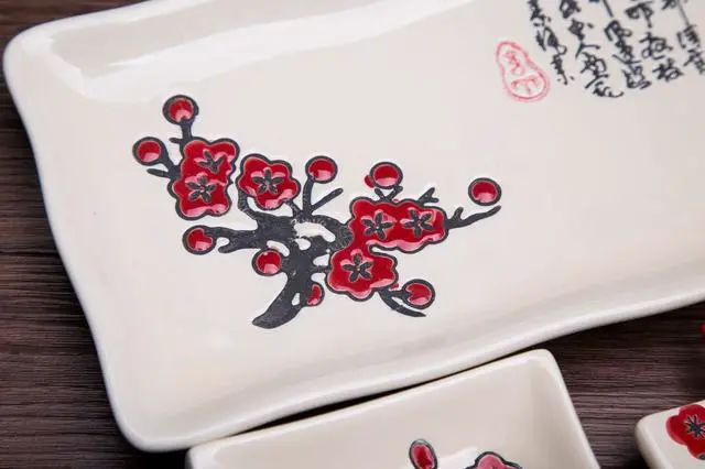 Alt view image 3 of 4 - 4 Pcs Japanese Sushi Plate Dinnerware Set White With Plum Blossom Design
