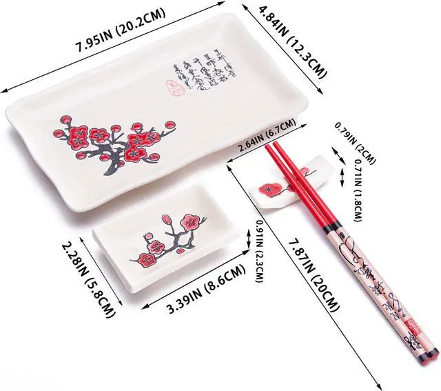 Alt view image 4 of 4 - 4 Pcs Japanese Sushi Plate Dinnerware Set White With Plum Blossom Design
