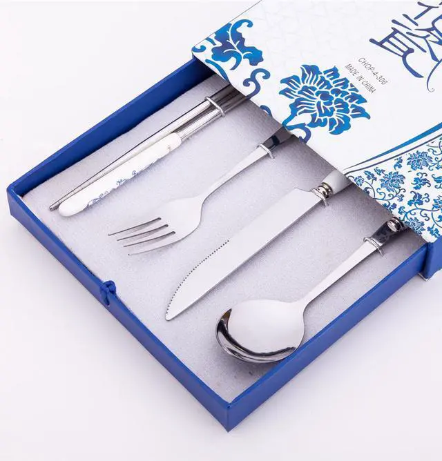 Main image of 4 Pcs Elegant Oriental Inspiration Silverware Stainless Steel Chopsticks, Fork, Knife & Spoon Set In Gift Box
