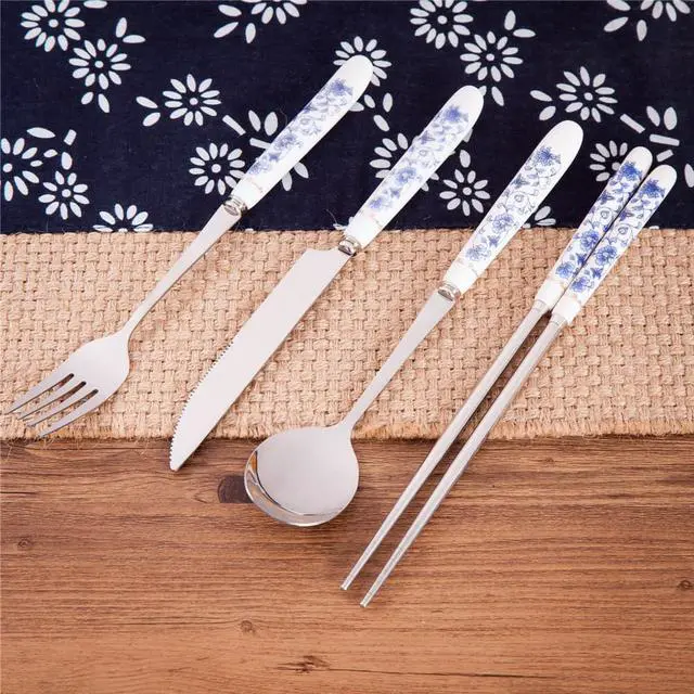 Alt view image 2 of 4 - 4 Pcs Elegant Oriental Inspiration Silverware Stainless Steel Chopsticks, Fork, Knife & Spoon Set In Gift Box