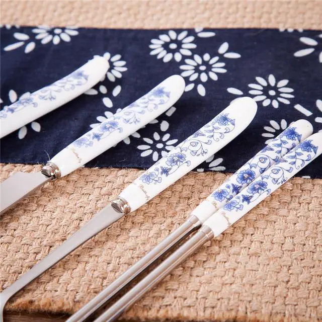 Alt view image 3 of 4 - 4 Pcs Elegant Oriental Inspiration Silverware Stainless Steel Chopsticks, Fork, Knife & Spoon Set In Gift Box
