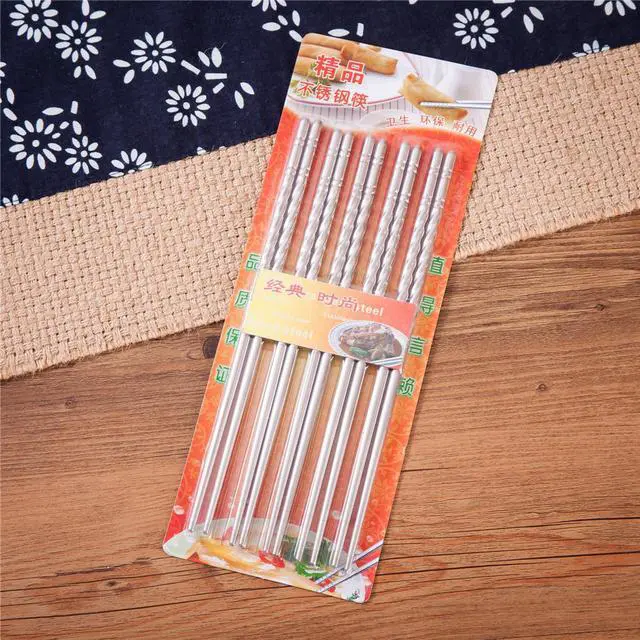 Alt view image 3 of 4 - 10 Pcs (5 Pairs) Spiral Design Silver Stainless Steel Chopsticks