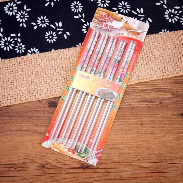 Alt view image 3 of 4 - 10 Pcs (5 Pairs) Peony Design Silver Stainless Steel Chopsticks