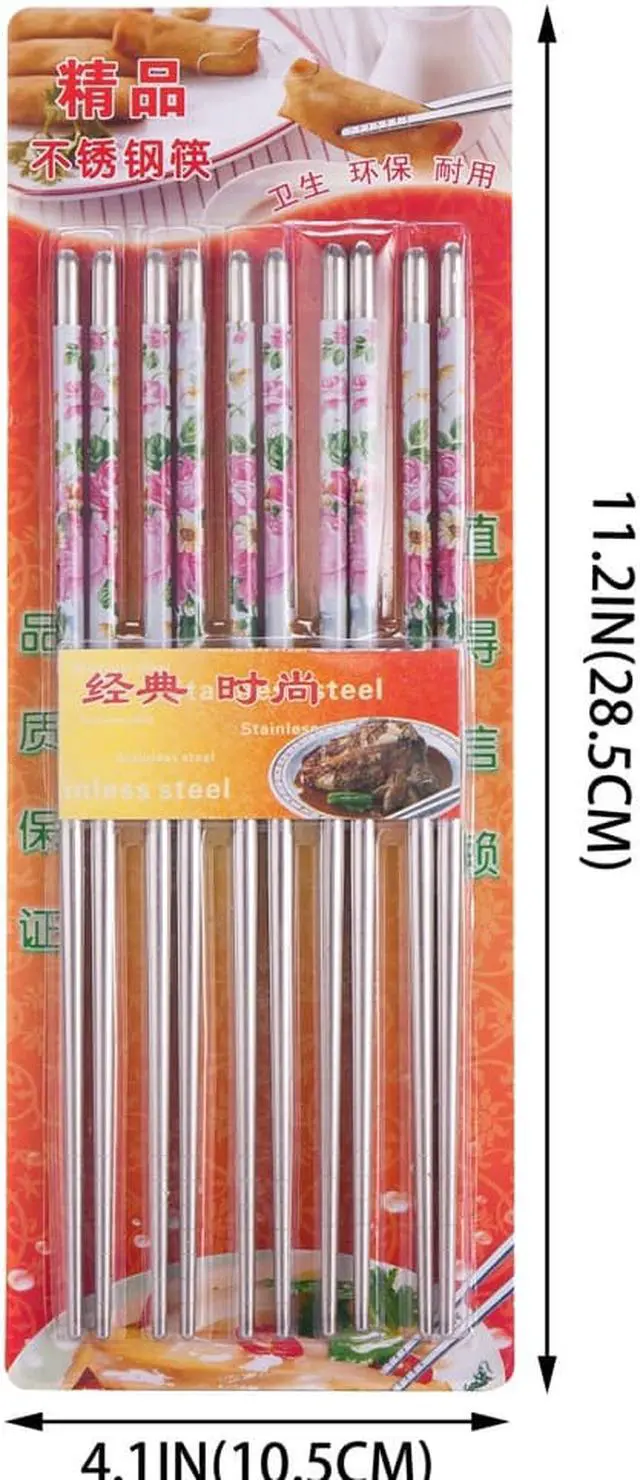 Alt view image 4 of 4 - 10 Pcs (5 Pairs) Peony Design Silver Stainless Steel Chopsticks