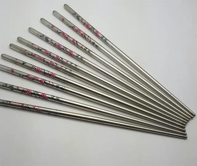 Main image of 10 Pcs (5 Pairs) Butterfly Design Silver Stainless Steel Chopsticks