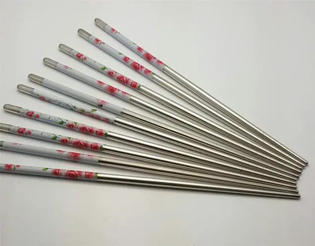 Main image of 10 Pcs (5 Pairs) Rose Design Silver Stainless Steel Chopsticks