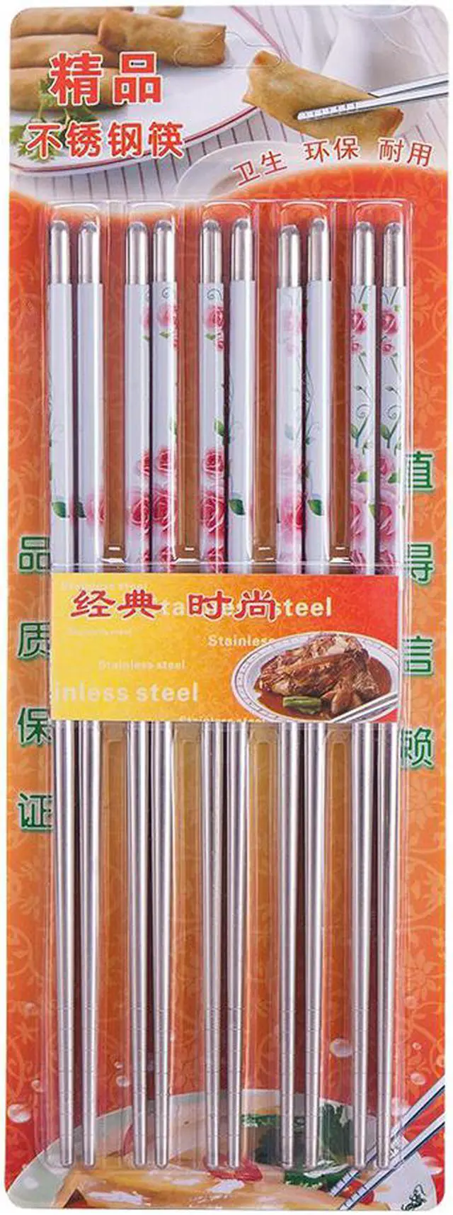 Alt view image 2 of 4 - 10 Pcs (5 Pairs) Rose Design Silver Stainless Steel Chopsticks