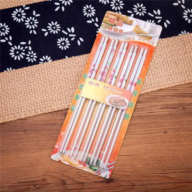 Alt view image 3 of 4 - 10 Pcs (5 Pairs) Rose Design Silver Stainless Steel Chopsticks