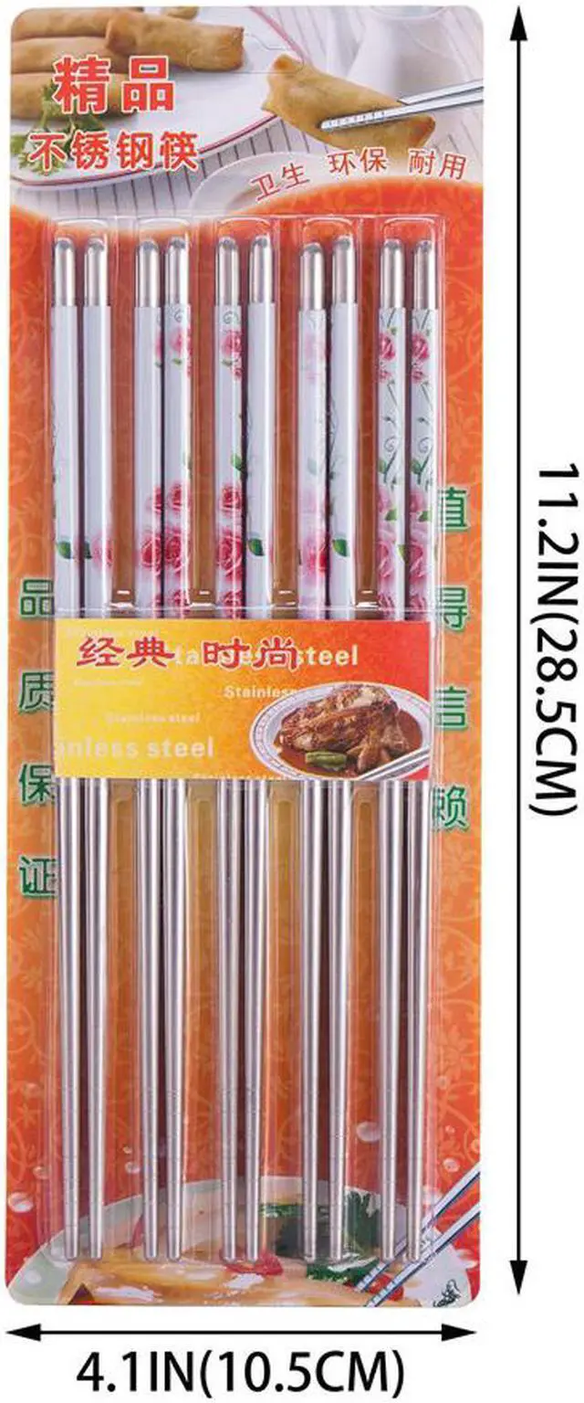 Alt view image 4 of 4 - 10 Pcs (5 Pairs) Rose Design Silver Stainless Steel Chopsticks
