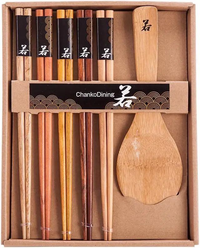 Alt view image 3 of 4 - 5 Pairs Natural Wood Chopsticks and 1 Moso Bamboo Rice Paddle Gift Set
